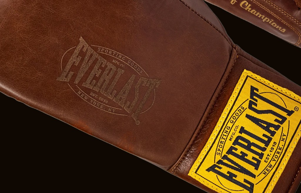 Everlast 1910 Collection boxing glove in brown leather with yellow wrist patch and vintage Everlast branding
